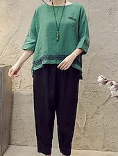 preiswerte Hemden-Damen Hemd Bluse Baumwoll-Leinen-Hemden Geometrisch Basic Lässig Dreiviertelarm Rundhalsausschnitt Normale Oberteile Täglich Patchwork Weiß Braun Grün Sommer Frühling