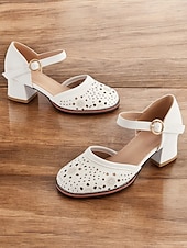 preiswerte Block Heels-Weiße Mary-Jane-Schuhe mit niedrigem Absatz für Damen – lasergeschnittenes Blumendesign, Vintage-Stil für legere und formelle Anlässe