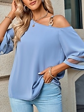 preiswerte Damen Einfache Oberteile-Damen Hemd Bluse Glatt Stilvoll Brautkleider schlicht 3/4 Ärmel kalte Schulter Normale Oberteile Täglich Patchwork Schwarz Blau Sommer Frühling