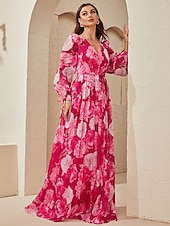 abordables Longueur du plancher-Robe A-Line Invité de Mariage Mère de la Mariée Élégante Cache Ventre Col en V Longue en Chiffon Manches Longues avec Fleur Robe Invité de Mariage