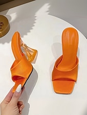 preiswerte Damensandalen-grüne Satin Open-Toe Pantoletten mit transparentem Blockabsatz für Damen – schicke Sommer-Partyschuhe