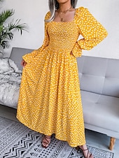 abordables Robe de la laitière-Femme Robe Maxi Robe Maxi Robe de laitière Robe smockée Soirée Hawaïen mode Vacances Travail du quotidien Standard Pois manche longue Col Carré Jaune Rose Claire Printemps Automne