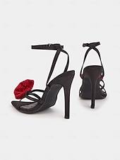 cheap Heeled Sandals-Black High Heel Sandals with Red Floral Embellishments - Chic Party Shoes for Women and Wedding