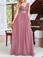 cheap Bridesmaid Dresses-A-Line Bridesmaid Dress V Neck Sleeveless Pink Floor Length Chiffon / Spandex / Shantung with Sash / Ribbon / Sequin / Draping 2022