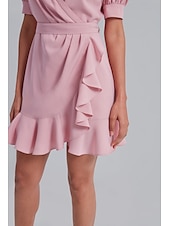 cheap Wrap Dresses-Puff Sleeve Wrap Dress with Ruffle