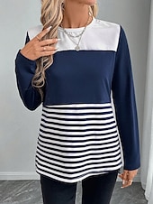 ieftine Tricou cu dungi și geometric-Pentru femei Tricou Dungi Casual Manșon Lung Stil Nautic Topuri obișnuite Zilnic Imprimeu Albastru piscină Primăvară Toamnă