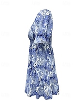 ieftine Tipăriți rochii florale-Pentru femei Rochie Mini Rochie casual Rochie de vară Rochie Boho Elegant Stilat Manșon de lanternă Vacanță Zilnic Dată Fit regulat Grafic Manșon scurt De Pe Umăr Albastru regal Vară