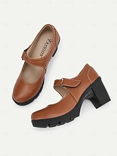 cheap Platform Heels-Women&#039;s Brown Mary Jane Heels with Velcro Strap – Comfortable Chunky Heeled Shoes for Casual and Everyday Wear
