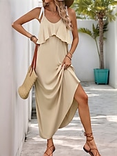 cheap Vacation Dresses-Women&#039;s Maxi Dress Casual Dress Slip Dress Stylish Basic Casual Vacation Daily Regular Fit Plain Sleeveless V Neck Apricot Summer Spring