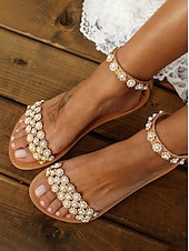 levne Neformální-Boho chic květinové ploché sandály z korálků s páskem ke kotníkům pro dámské letní outfity a svatby