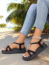 cheap Vacation Sandals-Women&#039;s Denim T-Strap Sandals with Beaded and Embellished Details, Lightweight Sole, and Boho Style for Beachwear and Summer Casual Outfits