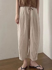baratos Calça de linho de algodão simples-Mulheres Shorts de algodão e linho Calças inspiradas em linho Calças de linho de algodão Vintage Moda Roupa de rua Mimolet Cintura Média Tecido Bolsos Cintura elástica Confortável Macio Micro-Elástica