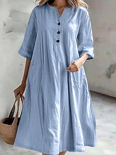 cheap Design Cotton &amp; Linen Dresses-Women&#039;s Midi Dress Cotton Linen Dresses Basic Casual Vacation Daily Regular Fit Plain 3/4 Length Sleeve Notched Neck Black Red Purple Light Blue Summer