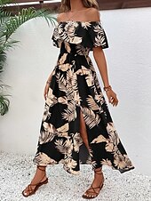 economico Abiti da vacanza-Per donna Vestito maxi Abito casual Abito linea A Moda Informale Da mare Giornaliero Standard A foglia Manica corta Senza spalline Nero Estate