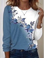 preiswerte Blumen-T-Shirt-Damen T-Shirt Rundhals Langarm Tunika Florales Grafik Lässig Reguläre Oberteile Täglicher Druck Blau Frühling Herbst