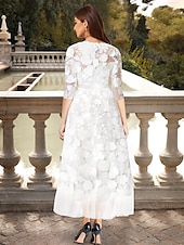 economico Abiti bianchi-Abiti da Sposa A-Line Collo a V Manica Lunga Con Applicazioni Floreali 3D Cintura in Raso Lunghezza Caviglia Tulle Abiti da Sposa 2025