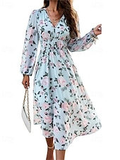 ieftine Rochii florale elegante-Pentru femei Rochie Lunga Rochie Maxi Rochie casual Rochie A line Rochie florala Rochie de vară Elegant Stilat Vacanță Zilnic Dată Fit regulat Floral Manșon Lung În V Roz Îmbujorat Albastru Deschis