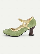 voordelige Mary Jane Pumps-Groene en gouden vintage Mary Jane-hakken voor dames uit de jaren 30 met gesp met strass-steentjes, comfortabele middelhoge hak, perfect voor formele evenementen en retro-themafeesten
