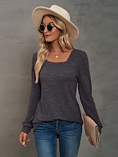 abordables Tops Sencillos para Mujeres-Mujer Sayo Remera de algodón Plano Bohemia Elegante Básico Manga Larga Manga Farol Escote Cuadrado Tops regulares Diario Deportes Noche Negro Rosa Morado Verde Trébol Caqui Primavera Otoño