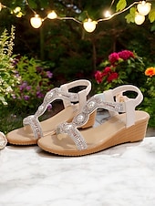 baratos Sandálias plataforma anabela-sandálias femininas de cunha com strass e pérolas falsas, com design de tira em T, sola confortável e estilo casual de verão para uso ao ar livre e em festas