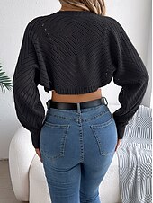 preiswerte Strickjacken und Oberbekleidung-Damen Strickjacke Pullover mit Zopfmuster Strassenmode Täglich Stilvoll Einfarbig Grobstricken Gehäkelt Öffnung vorne Ausgehöhlt Strick Raglanärmel Laternenärmel Langarm Crop Tops Stricken Heim Party
