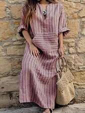 preiswerte bedruckte Kleider aus Baumwolle und Leinen-Damen Normal Maxikleid Baumwoll-Leinen-Kleider Vintage-Kleid Stilvoll Lässig Arbeit Täglich Lässiger Schnitt Gestreift Langarm V Ausschnitt Rote Grün Grau Frühling Herbst