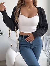 preiswerte Strickjacken und Oberbekleidung-Damen Strickjacke Pullover mit Zopfmuster Strassenmode Täglich Stilvoll Einfarbig Grobstricken Gehäkelt Öffnung vorne Ausgehöhlt Strick Raglanärmel Laternenärmel Langarm Crop Tops Stricken Heim Party