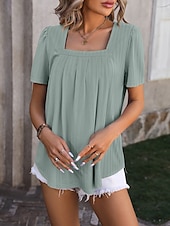 cheap T-shirts-Women&#039;s Boho T-shirt Plain Bohemia Stylish Basic Short Sleeve Puff Sleeve Square Neck Regular Tops Daily Going out Weekend Dressy Tunic Black White Light Green Pink Royal Blue Summer