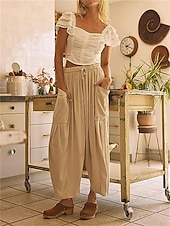 preiswerte Schlichte Hose aus Baumwollleinen-Damen Shorts aus Baumwollleinen Leinen-inspirierte Hosen Hose aus Baumwollleinen Mode Streetwear Knöchellang Mittlere Taillenlinie Einfach Tasche Elastischer Bund Bequem Weich Mikroelastisch Outdoor