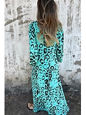 levne Tisknout květinové šaty-Dámské Maxi šaty Volnočasové šaty Boho Chic šaty Čechy Na běžné nošení Cikánský Dovolená Denní Plážové Volný Leopard 3/4 délka rukávu Do V Vodní modrá Trávová zelená Léto Jaro