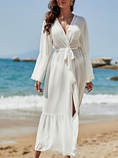 preiswerte Kaftane-Damen Badeanzug Zudecken Schwimm-Kleid Bademode Vorne binden Urlaub Strandbekleidung Glatt Langarm Badeanzüge