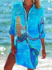 preiswerte Hawaiikleid-Damen Mini Kleid Hemd Kleid Lässiges Kleid Shift Kleid Täglicher Urlaub Ferien Heißes Hemd Kragen Print Langarm Sommer Herbst Frühjahr Lockere Passform Rot Blau Grün Regenbogen Print