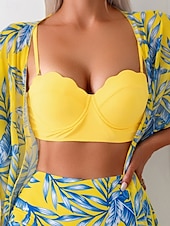 billiga Bikiniset i 3 delar-Dam Badkläder Bikini Tre delar Kaxig Baddräkt Öppen rygg Smal Hög midja Semester Standkläder Löv V-hals Ärmlös Baddräkter