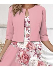 billiga Set med klänningar-Kvinnors Midi Klänning Casual Klänning Chiffon Klänning Swing Klänning Elegant Blommig Midi Klänning Halv Ärmar V-ringad Tryck Regular Fit Dejtdatum Rosa Vår