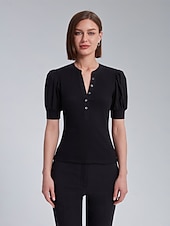 economico Bluse e camicie-Per donna Tinta unica Formale All&#039;aperto Ufficio Manica a Palloncino Nero Rosa Manica a sbuffo Manette Bottoni Davanti Manica Corta Elegante Moda Casual Quotidiano Dentellato Estate Primavera