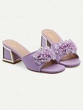 cheap Vacation Sandals-Women&#039;s Purple Slide Sandals with Pearl and Bead Embellishments – Fashionable Chunky Heel Mules for Casual Outings and Evening Events
