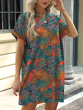 levne Boho šaty-Dámské Mini šaty Volnočasové šaty Tričkové šaty Boho šaty stylové Na běžné nošení Dovolená Denní Běžný Květinový S lístky Krátký rukáv Tričkový Vodní modrá Hnědá Trávová zelená Léto