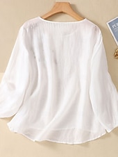 abordables Chemises-Femmes Chemise Chemisier Chemises en coton et lin Couleur Unie Basique Occasionnel manche longue Col ras du cou Hauts Réguliers Quotidien Broderie Blanche Rose Claire Fuchsia Vert Été Printemps