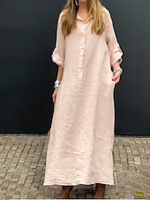 cheap Dresses-Women&#039;s Maxi Dress Cotton Linen Dresses Casual Dress Basic Casual Vacation Daily Regular Fit Plain Long Sleeve Shirt Collar Pink Green Gray Spring Fall