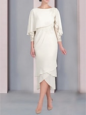 economico Lunghezza del tè-Abito a tubino da spiaggia per la madre della sposa abito per invitata elegante petite scollo rotondo lunghezza tè in chiffon maniche a 3/4 con applicazioni in pizzo taglia personalizzata gratuita