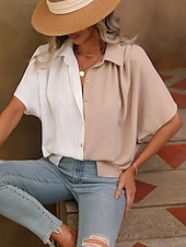 voordelige Vrouwen Werk Tops-Dames Overhemd Blouse Effen Kleur Stijlvol Casual Korte mouw Overhemdkraag Normale tops Dagelijks Knop Zwart Wit Zomer Lente