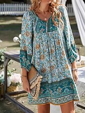voordelige Boho-jurken-Dames Mini-jurk Casual jurk Boho chique jurken A lijn jurk Boho-jurk Bohemen leuke Style Stijlvol Vakantie Dagelijks Strand Ruim Passend Grafisch Halve mouw V-hals Blozend Roze Groen Zomer Lente