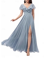abordables Robes de demoiselle d&#039;honneur-Ligne A Robe de Demoiselle d&#039;Honneur  Col carré Sans manches Élégant Longueur au sol Nylon avec Devant Fendu 2022