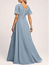 preiswerte Brautjungfernkleider-A-Linien Brautjungfernkleid V-Ausschnitt Kurzarm Elegant Bodenlänglich Chiffon mit Rüschen  Geteilter Front  Raffung