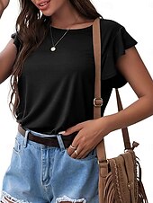cheap Plain tee-Women&#039;s T Shirt Plain Fashion Modern Casual Short Sleeve Crew Neck Regular Tops Daily Weekend Ruffle Black Pink Gray Summer Spring