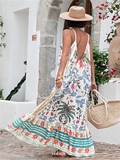 tanie Wakacyjne sukienki-Damskie Sukienka maxi Codzienne sukienki Sukienka A line Elegancja Elegancki Codzienny Urlop Codzienny Plaża Luźna Graficzny Bez rękawów Pasek Biały Jasnoniebieski Lato Wiosna