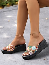olcso Telitalpú szandálok-színes, felbújós női ékszandál etnikai mintával – kényelmes platform dizájn nyári, tengerparti és hétköznapi viselethez