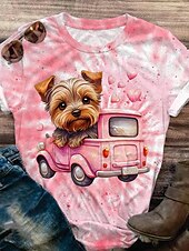 cheap Animals tee-Valentine&#039;s Day Women&#039;s T Shirt Dog Casual Short Sleeve Round Neck Regular Tops Daily Print Pink Summer
