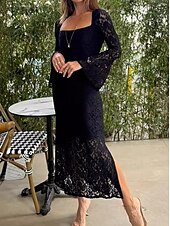 levne Bílé krajkové šaty-Dámské Maxi šaty Bílé šaty Černé šaty Krajkové šaty Elegantní stylové Sexy Svatební Dovolená Párty Běžný Dlouhý rukáv Hranatý Černá Bílá Léto Jaro Podzim Zima