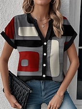 cheap Women&#039;s Stripe&amp;Geometric Tops-Women&#039;s Shirt Geometric Color Block Modern Casual Short Sleeve Notched Neck Regular Tops Work Daily Buttons Print Black Summer Spring